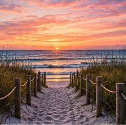 Sandy dune walkover path to the beach at sunset in Santa Rosa Beach